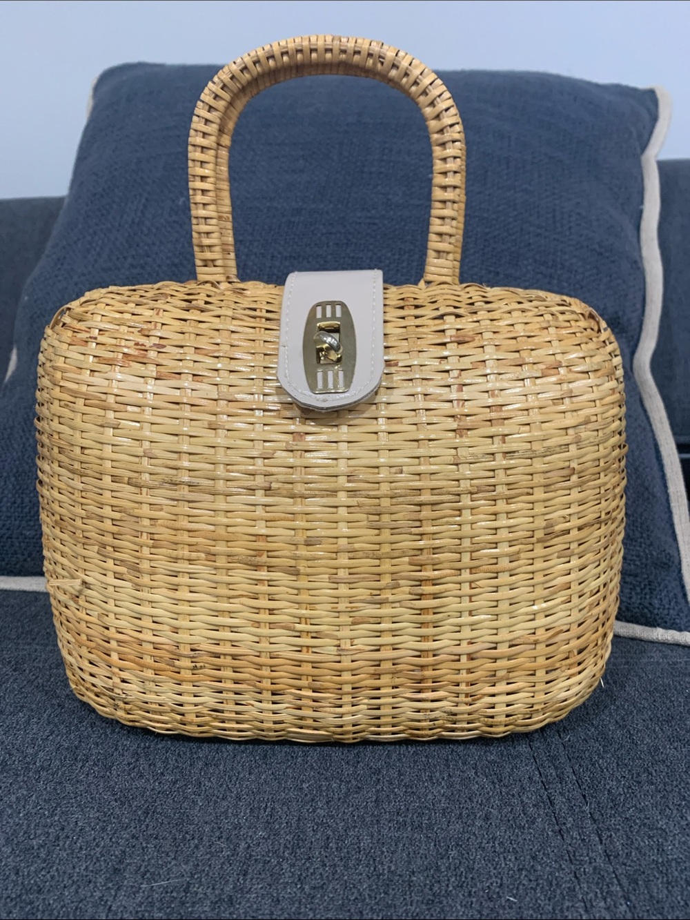 Handwoven Straw Top-Handle Bag with White Leather Accent